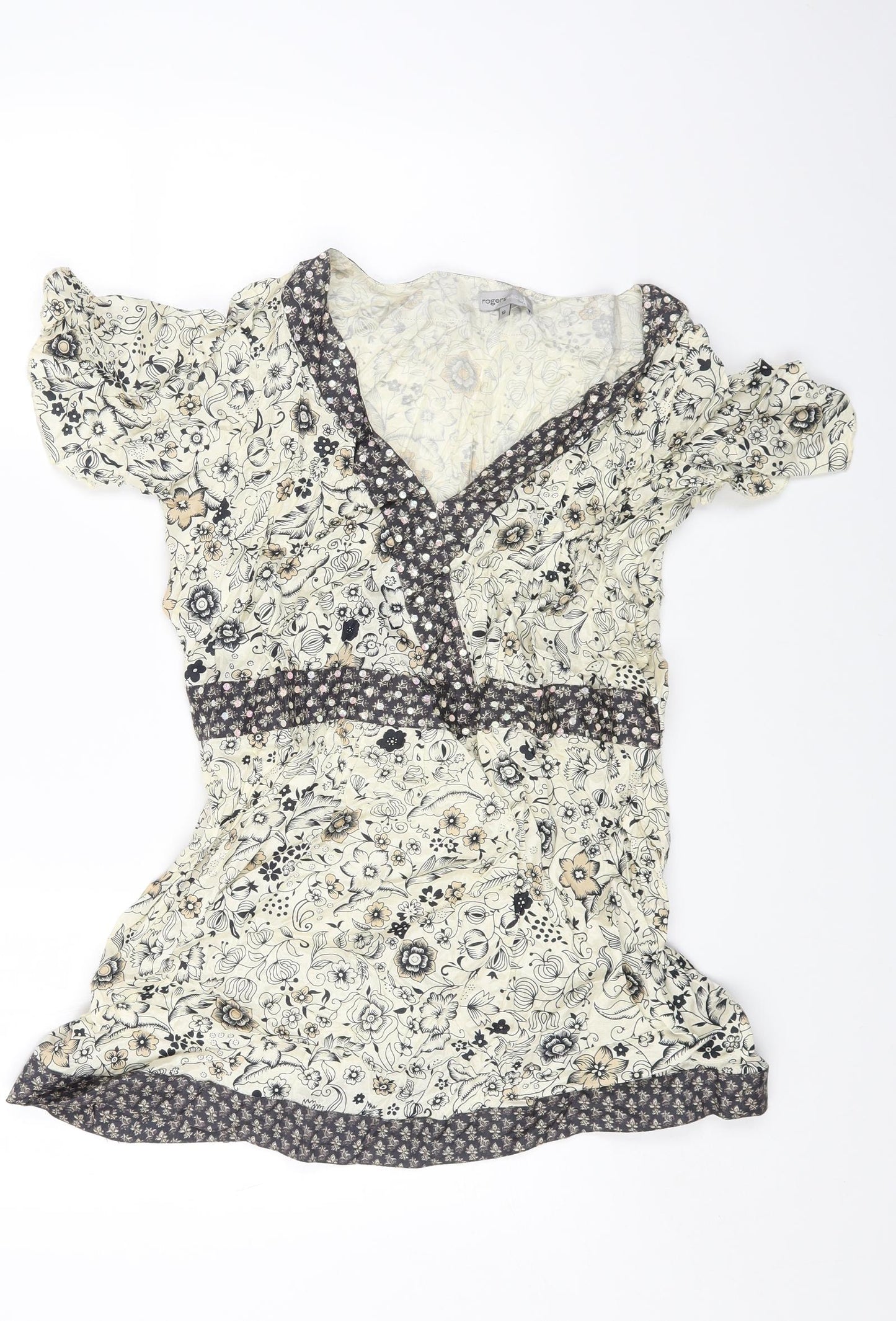 Rogers Womens Ivory Floral Viscose Basic T-Shirt Size 18 V-Neck