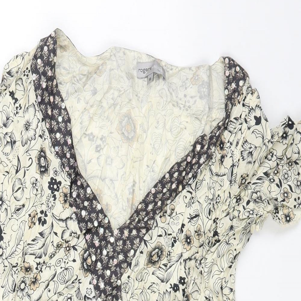 Rogers Womens Ivory Floral Viscose Basic T-Shirt Size 18 V-Neck