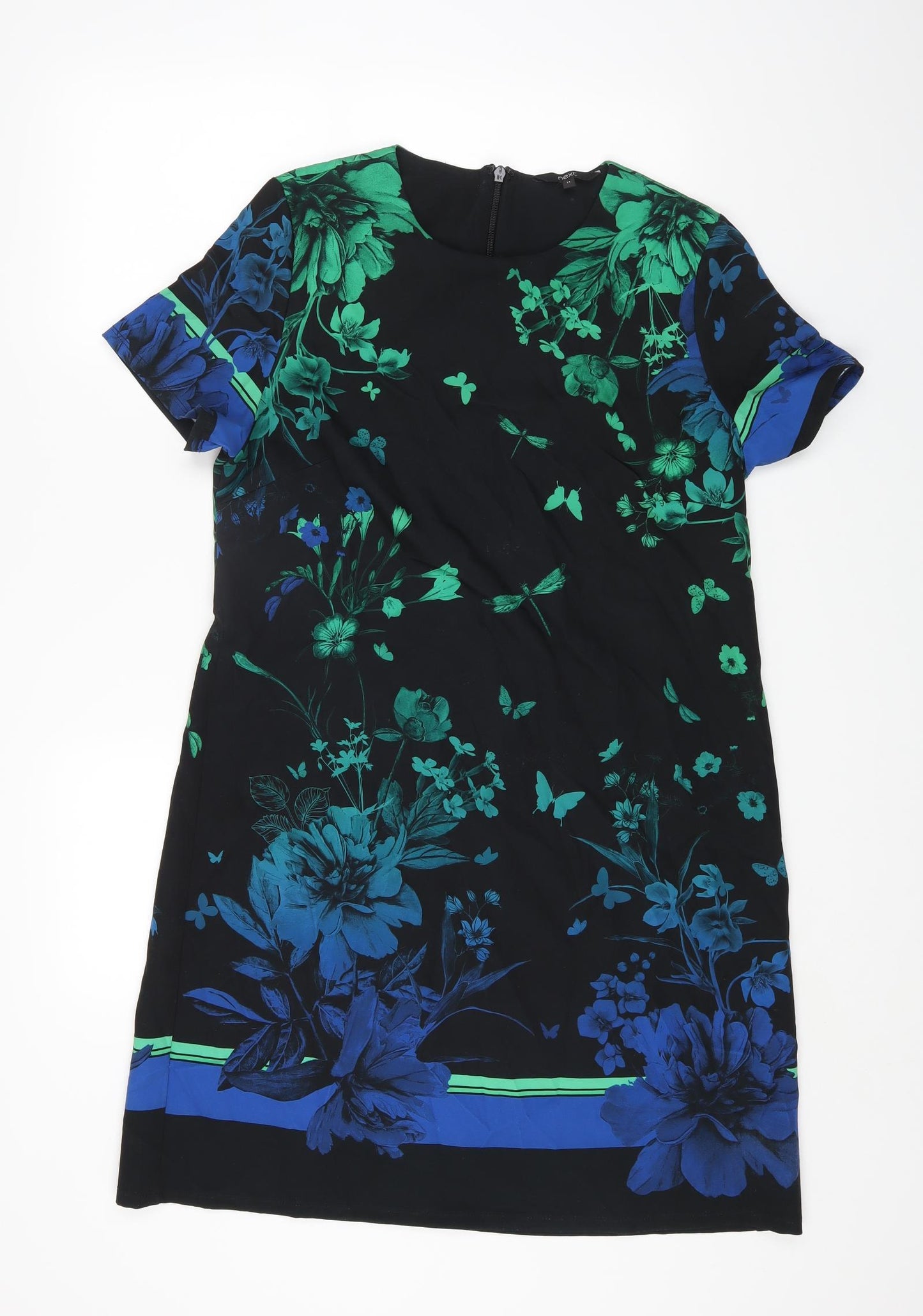 NEXT Womens Black Floral Polyester A-Line Size 14 Round Neck Zip