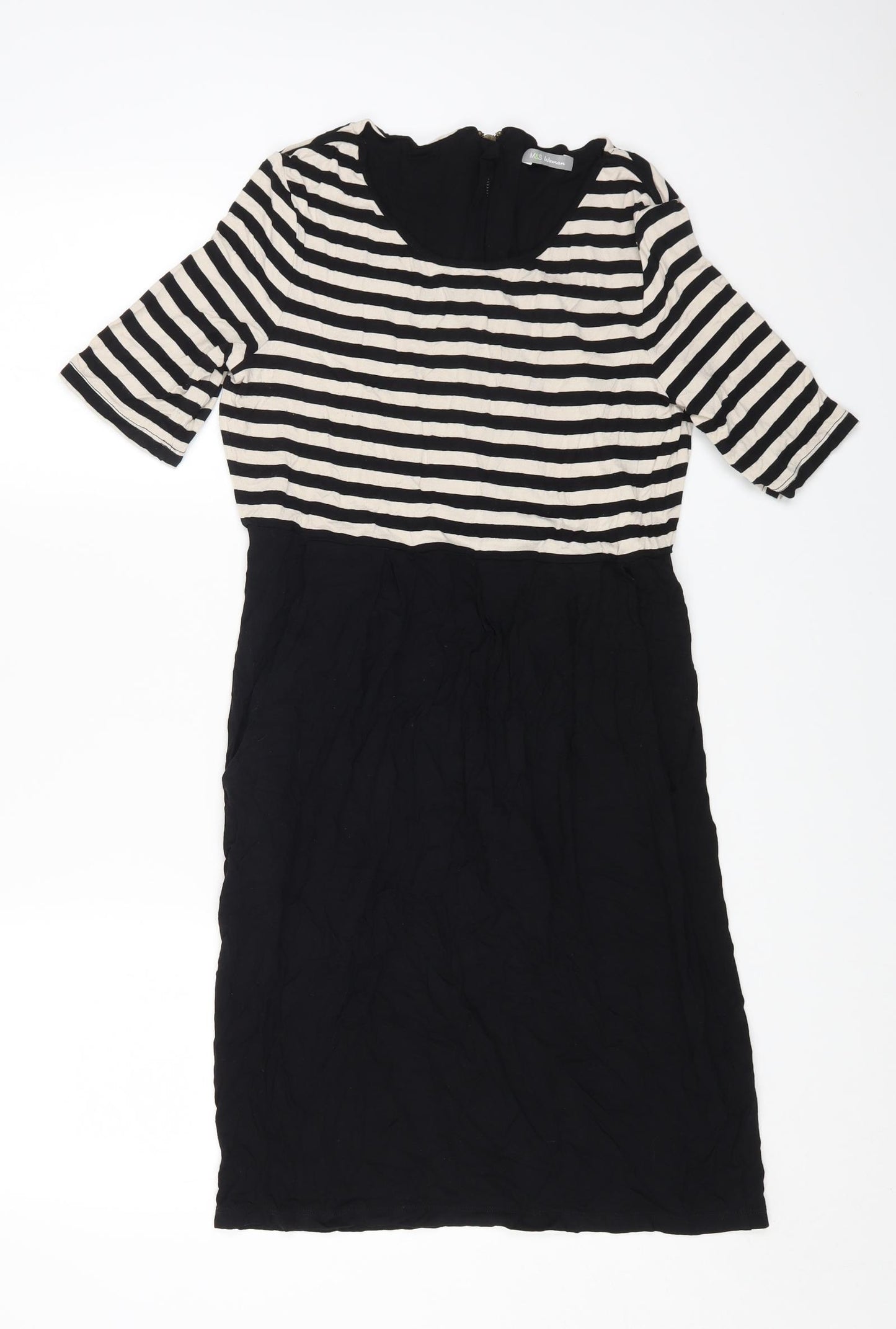 Marks and Spencer Womens Black Striped Viscose A-Line Size 12 Round Neck Zip