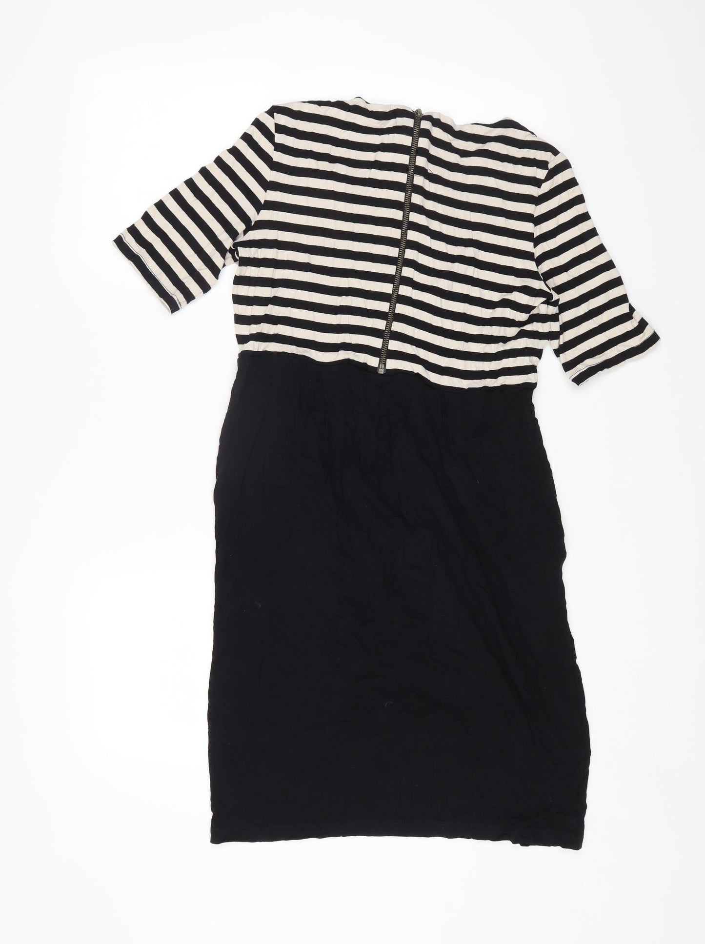 Marks and Spencer Womens Black Striped Viscose A-Line Size 12 Round Neck Zip