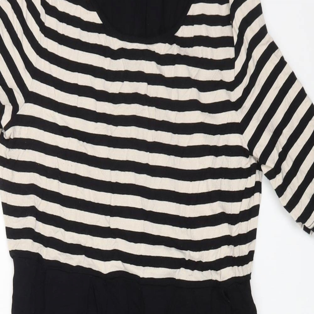 Marks and Spencer Womens Black Striped Viscose A-Line Size 12 Round Neck Zip