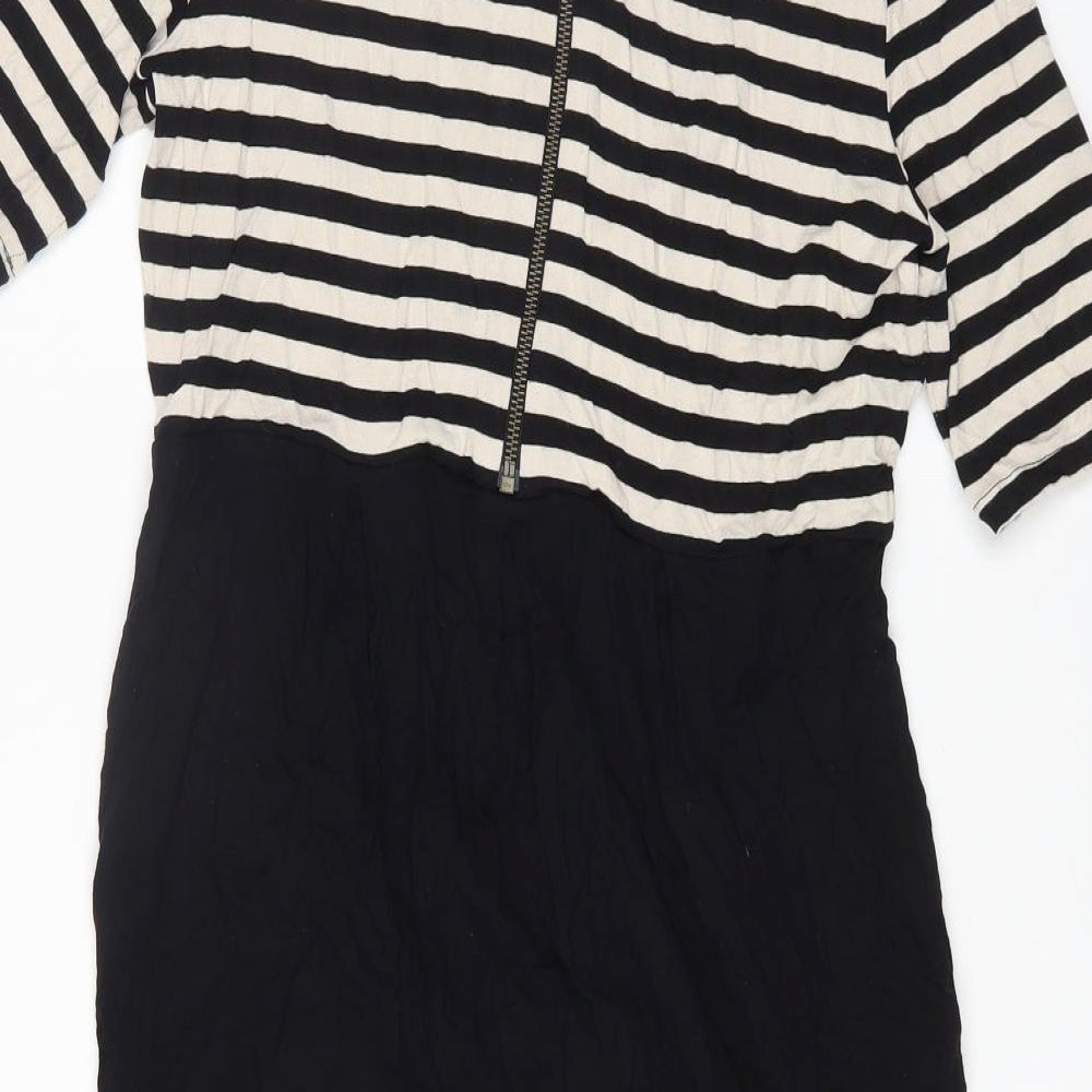 Marks and Spencer Womens Black Striped Viscose A-Line Size 12 Round Neck Zip