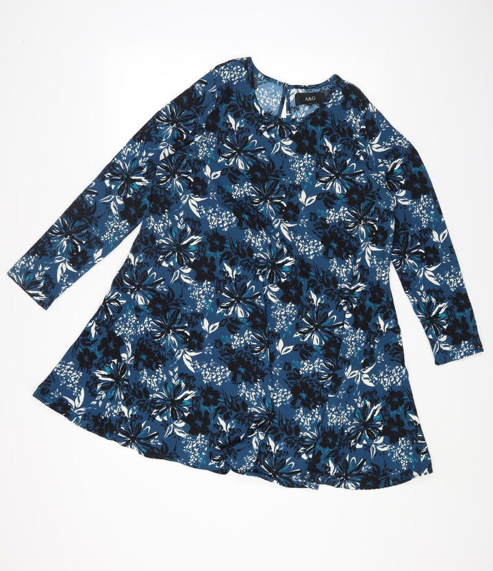 A&G Womens Blue Floral Polyester A-Line Size 12 Round Neck Button
