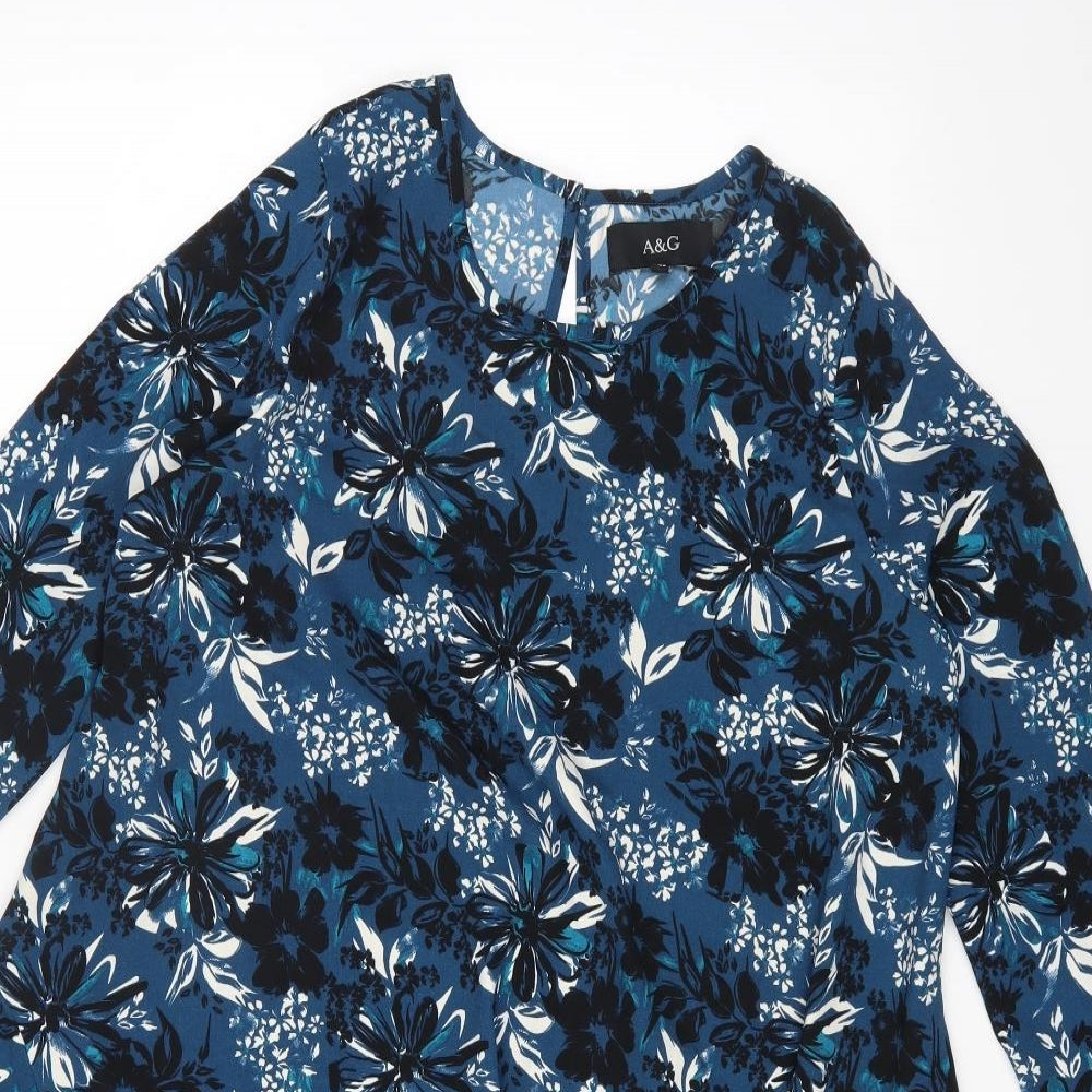 A&G Womens Blue Floral Polyester A-Line Size 12 Round Neck Button
