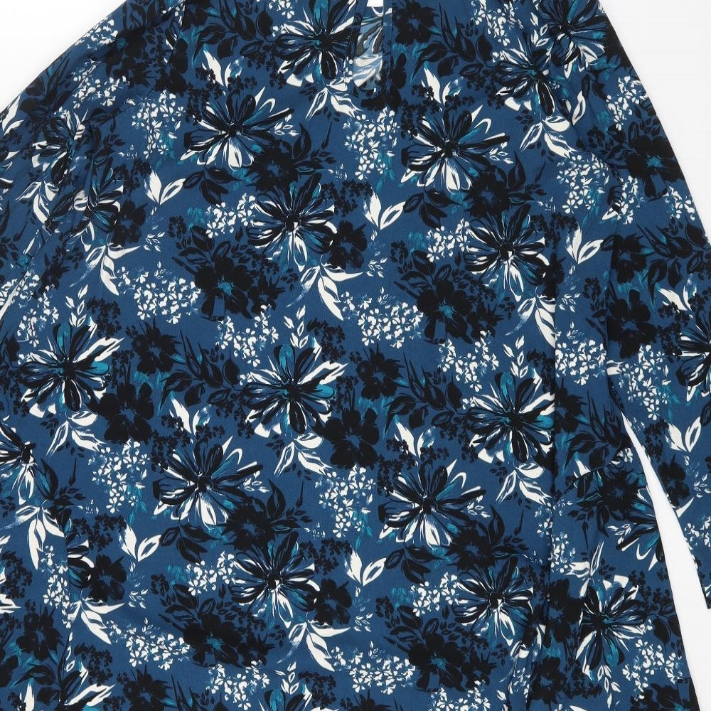 A&G Womens Blue Floral Polyester A-Line Size 12 Round Neck Button