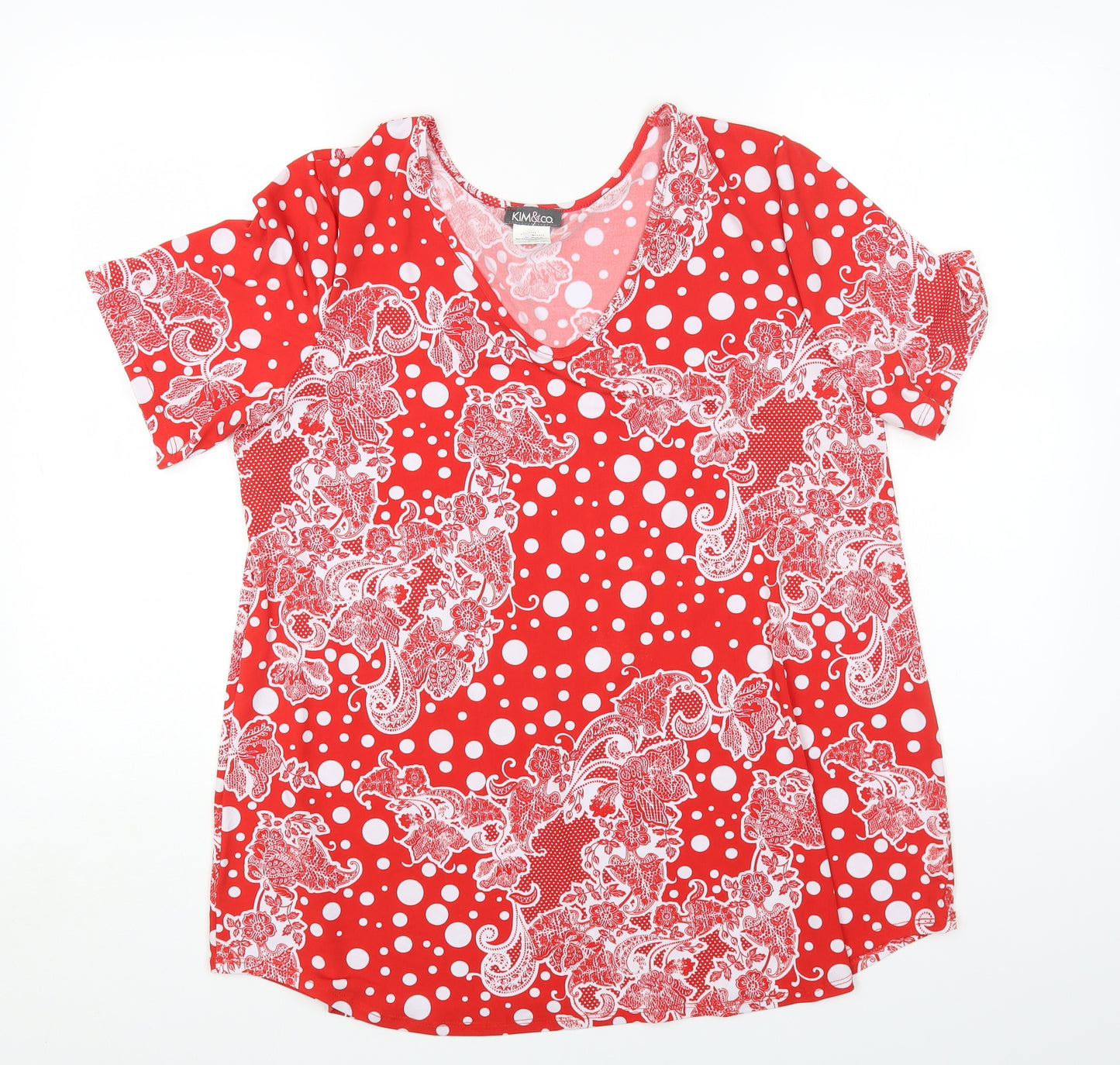 KIM&CO Womens Red Geometric Polyester Basic T-Shirt Size XL Scoop Neck