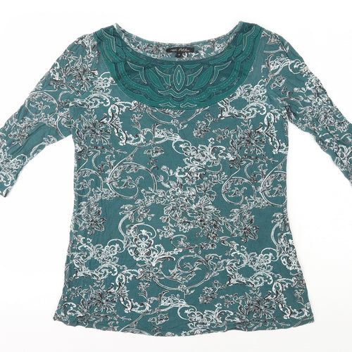 NEXT Womens Green Floral Viscose Basic T-Shirt Size 6 Boat Neck - Mesh Neck Detail
