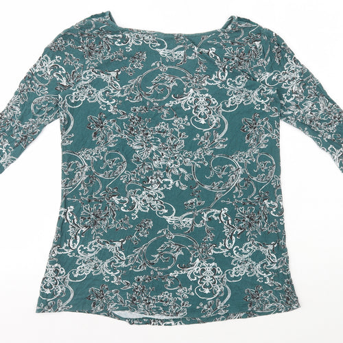 NEXT Womens Green Floral Viscose Basic T-Shirt Size 6 Boat Neck - Mesh Neck Detail