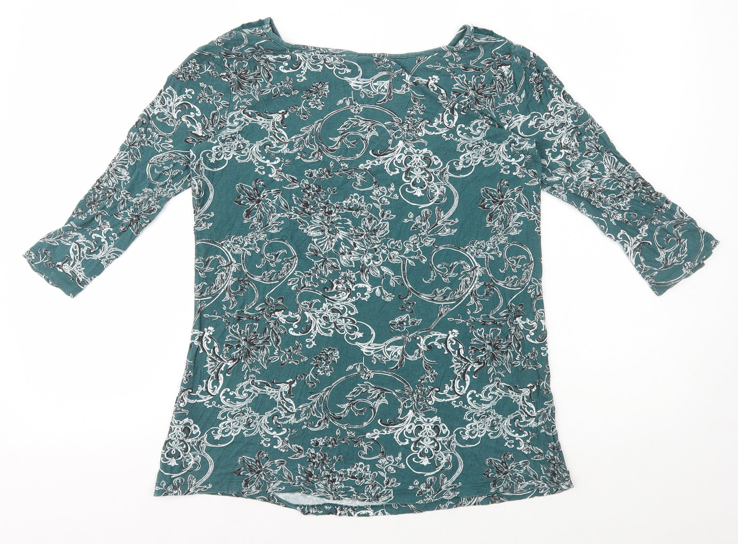 NEXT Womens Green Floral Viscose Basic T-Shirt Size 6 Boat Neck - Mesh Neck Detail