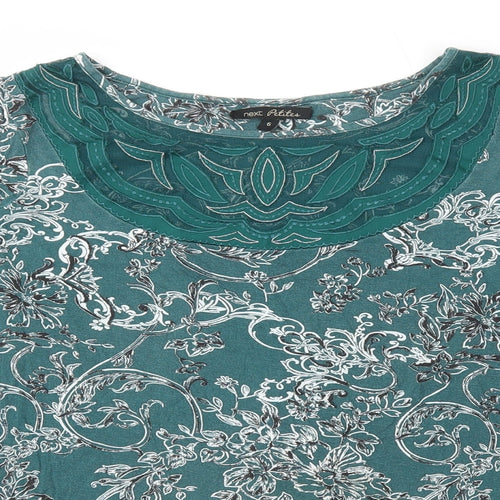 NEXT Womens Green Floral Viscose Basic T-Shirt Size 6 Boat Neck - Mesh Neck Detail