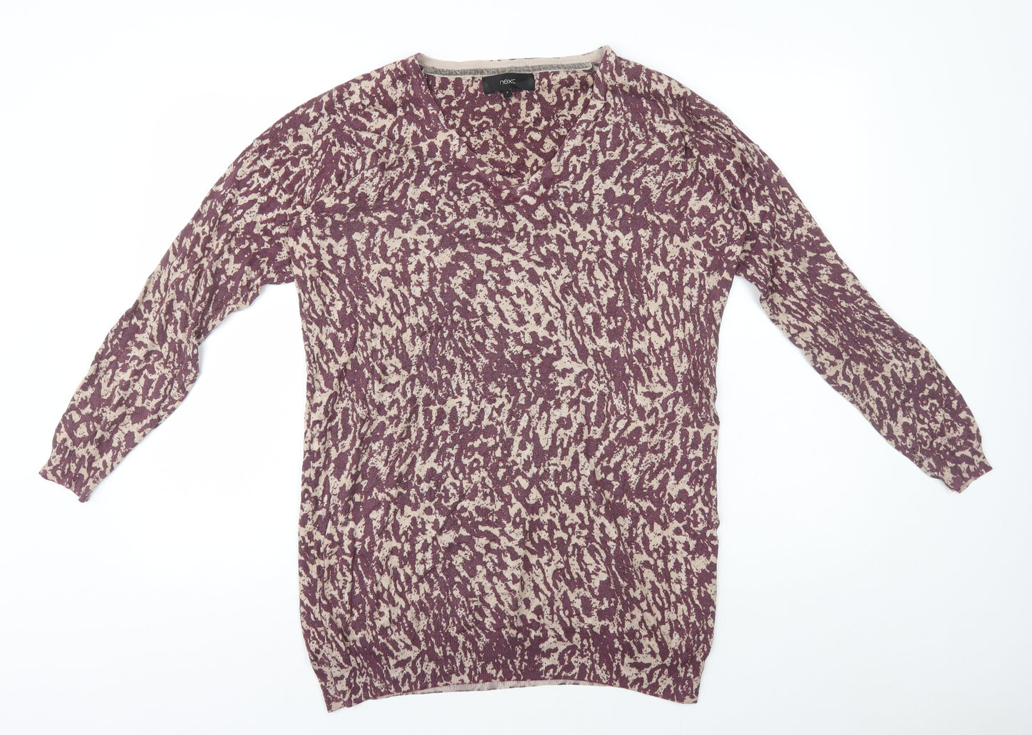 NEXT Womens Brown Animal Print Cotton Jumper Dress Size 8 V-Neck Pullover