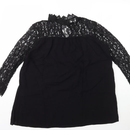 Preworn Womens Black Polyester Basic Blouse Size L High Neck - Lace Top & Sleeves