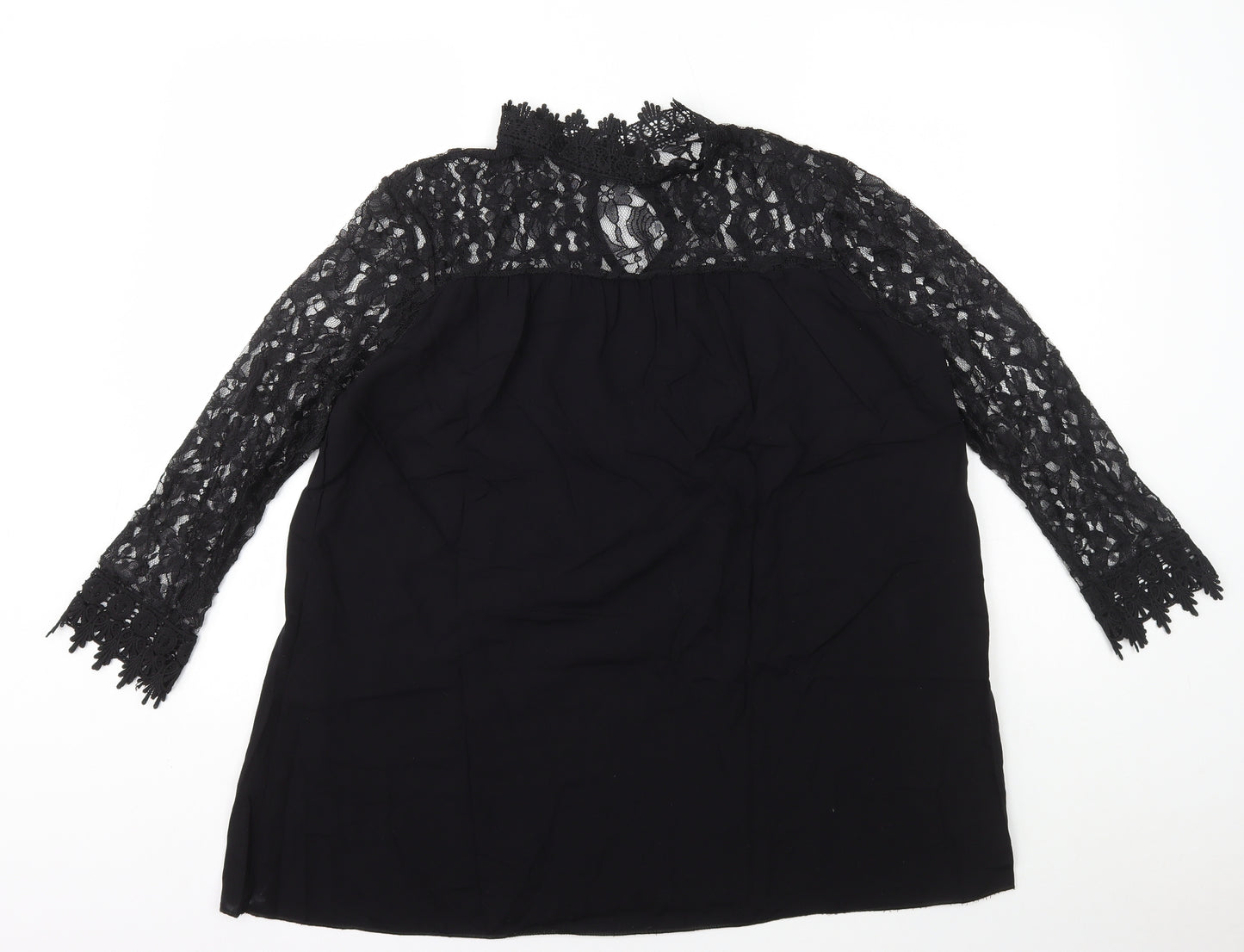 Preworn Womens Black Polyester Basic Blouse Size L High Neck - Lace Top & Sleeves