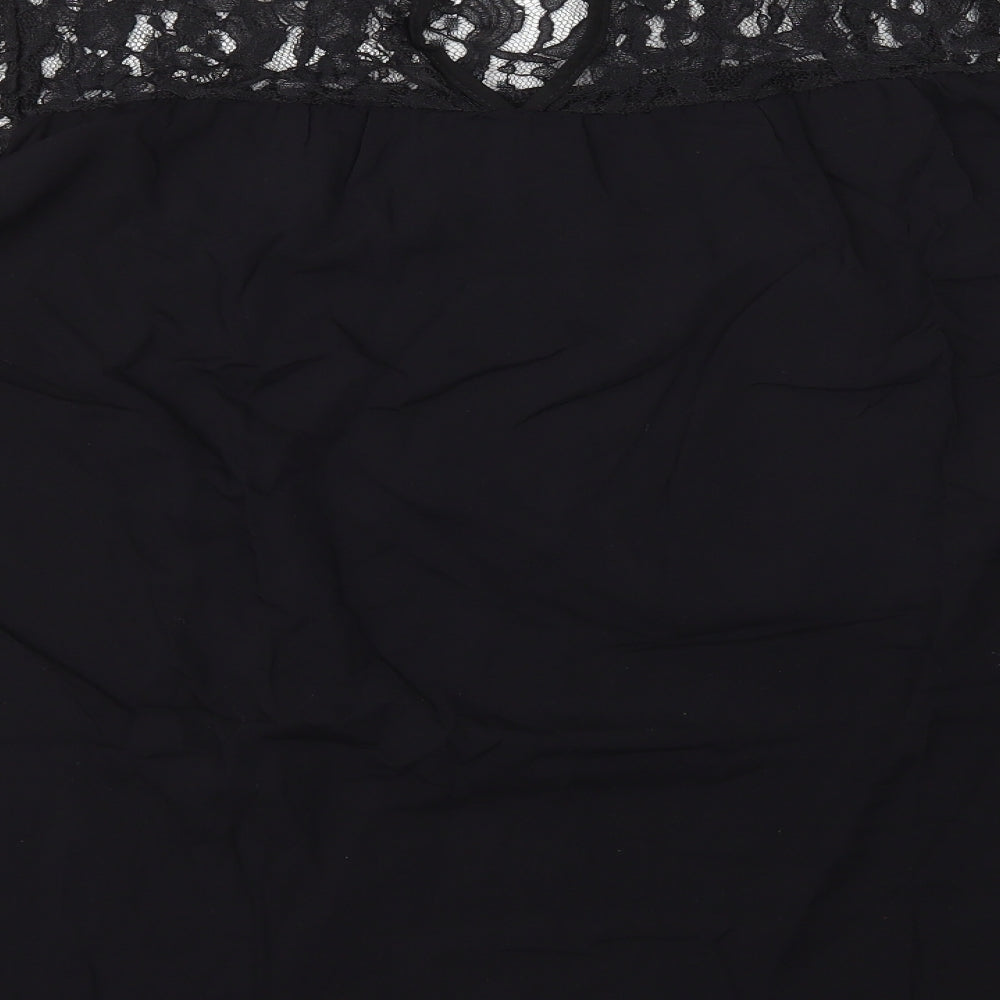 Preworn Womens Black Polyester Basic Blouse Size L High Neck - Lace Top & Sleeves