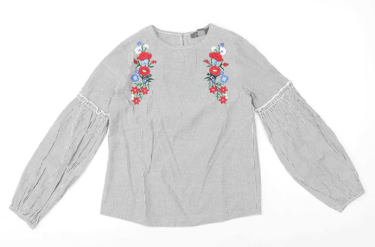 Primark Womens White Striped Polyester Basic Blouse Size 6 Round Neck - Flower Embroidery