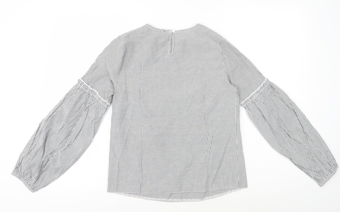 Primark Womens White Striped Polyester Basic Blouse Size 6 Round Neck - Flower Embroidery