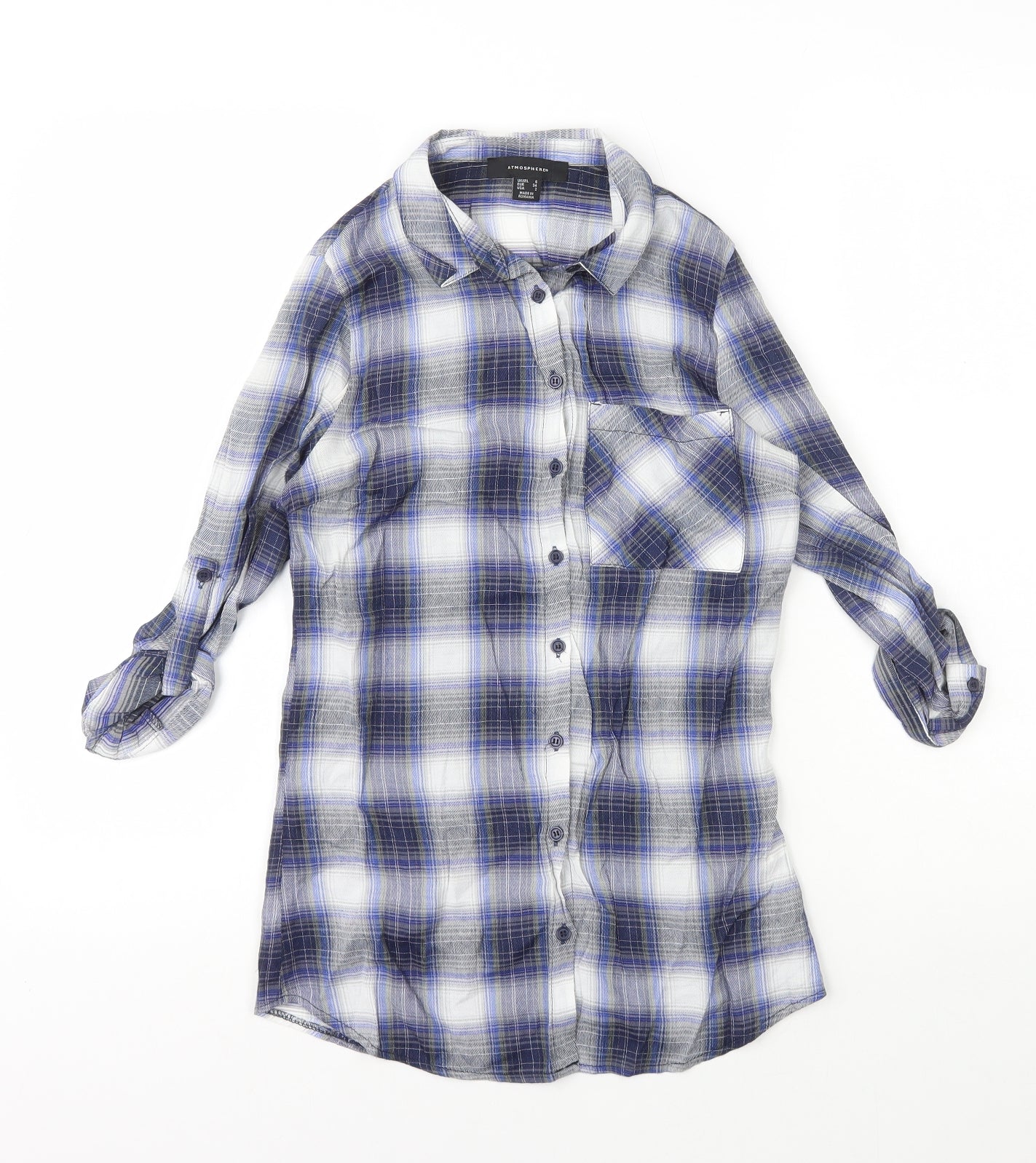 Primark Womens Blue Plaid Polyester Basic Button-Up Size 6 Collared