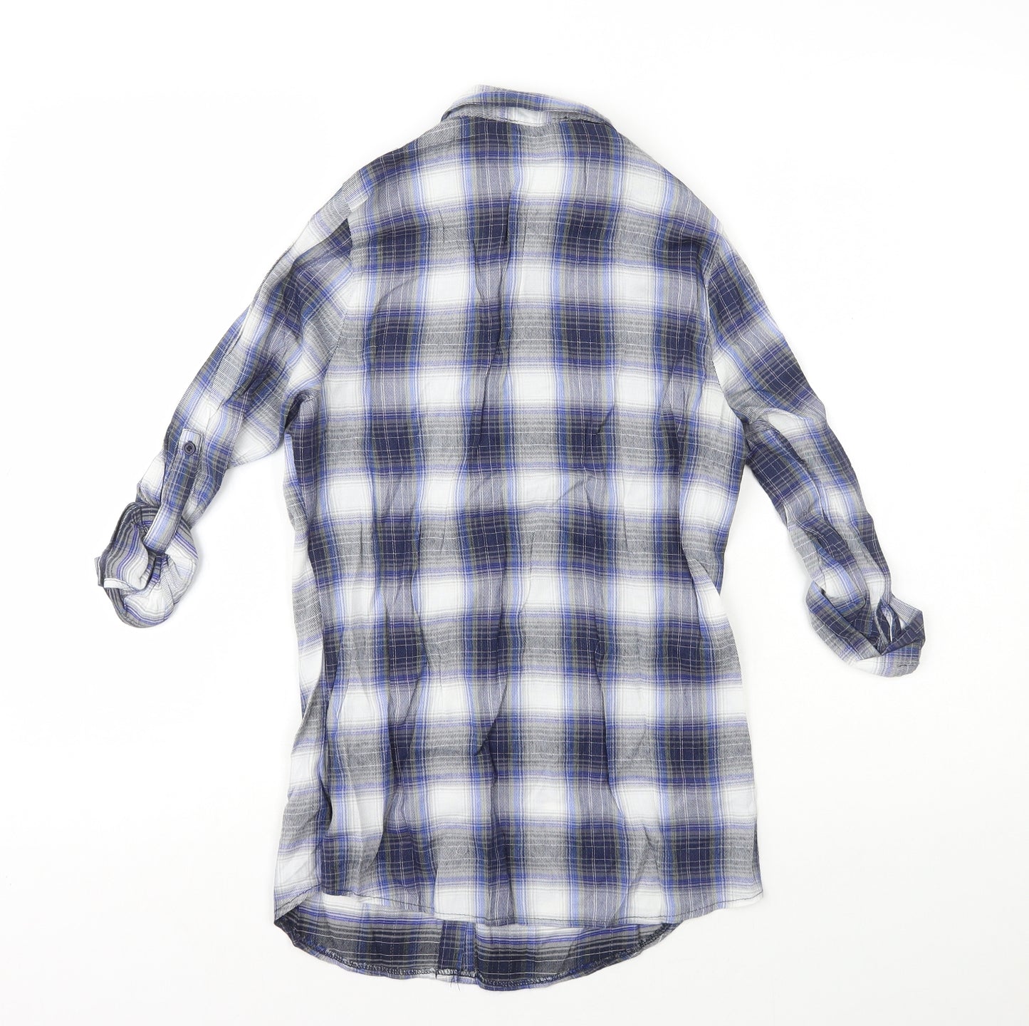 Primark Womens Blue Plaid Polyester Basic Button-Up Size 6 Collared