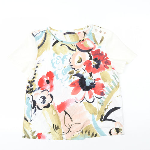 Marks and Spencer Womens White Floral Viscose Basic T-Shirt Size 14 Round Neck