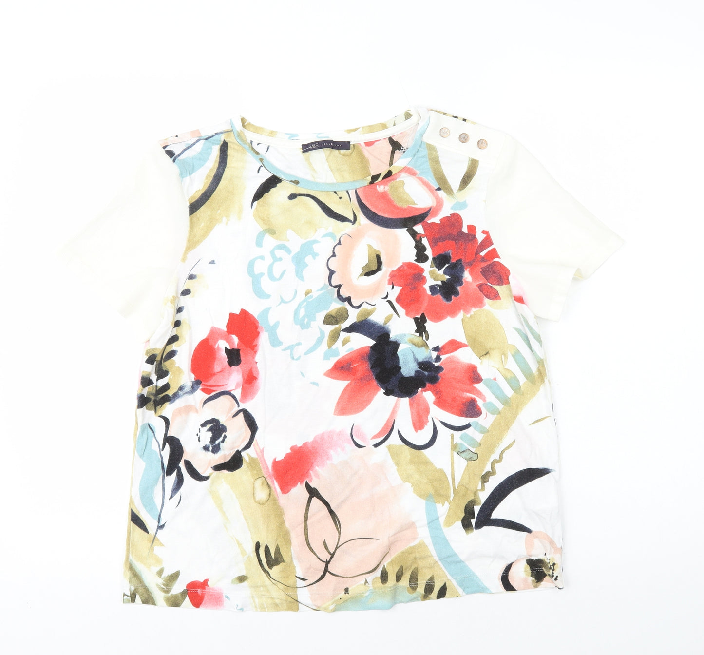 Marks and Spencer Womens White Floral Viscose Basic T-Shirt Size 14 Round Neck