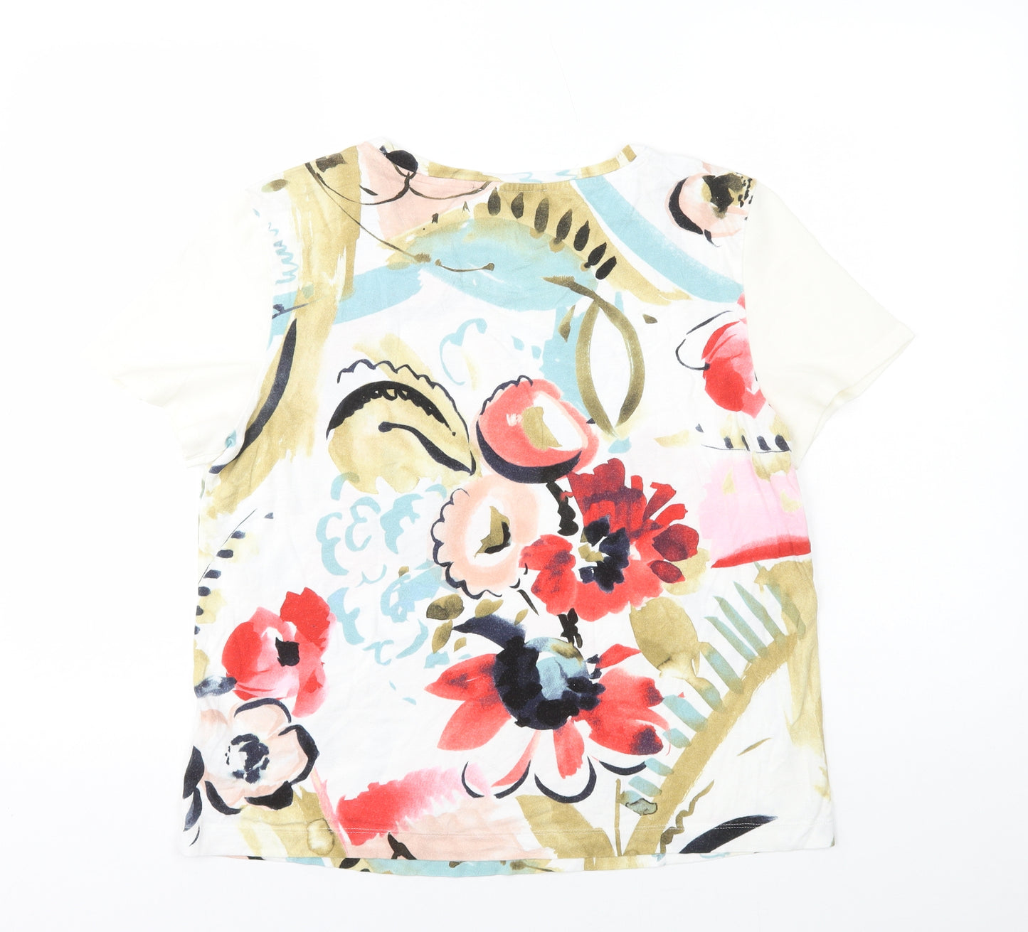 Marks and Spencer Womens White Floral Viscose Basic T-Shirt Size 14 Round Neck