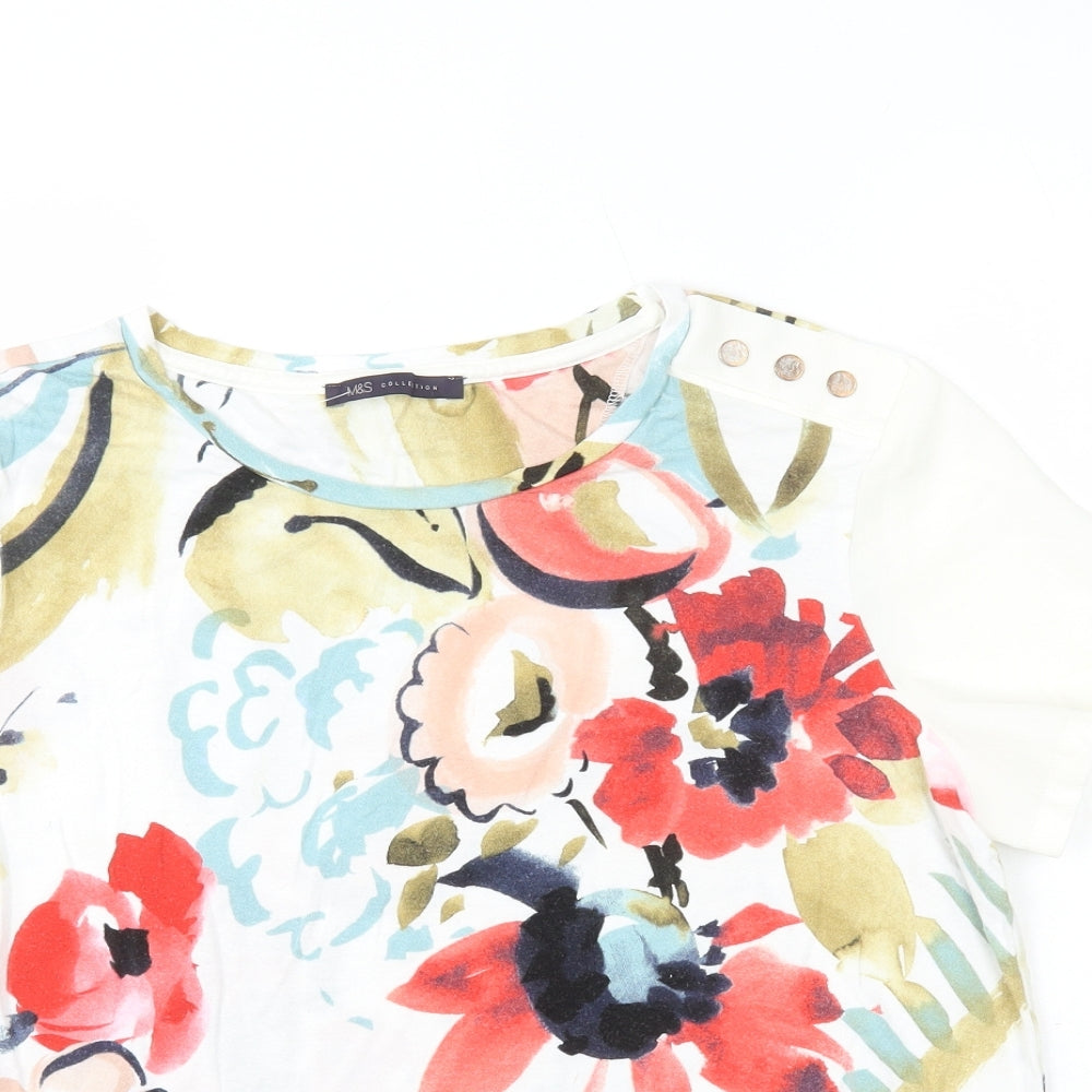 Marks and Spencer Womens White Floral Viscose Basic T-Shirt Size 14 Round Neck