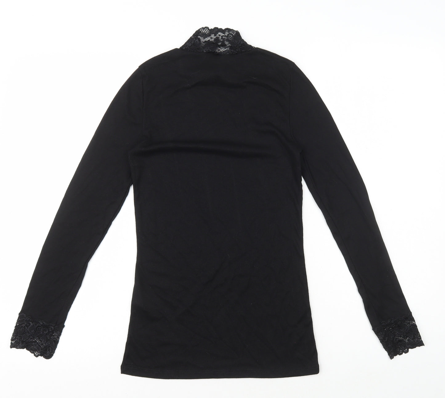 Damart Womens Black Polyester Basic T-Shirt Size S High Neck - Lace Trim