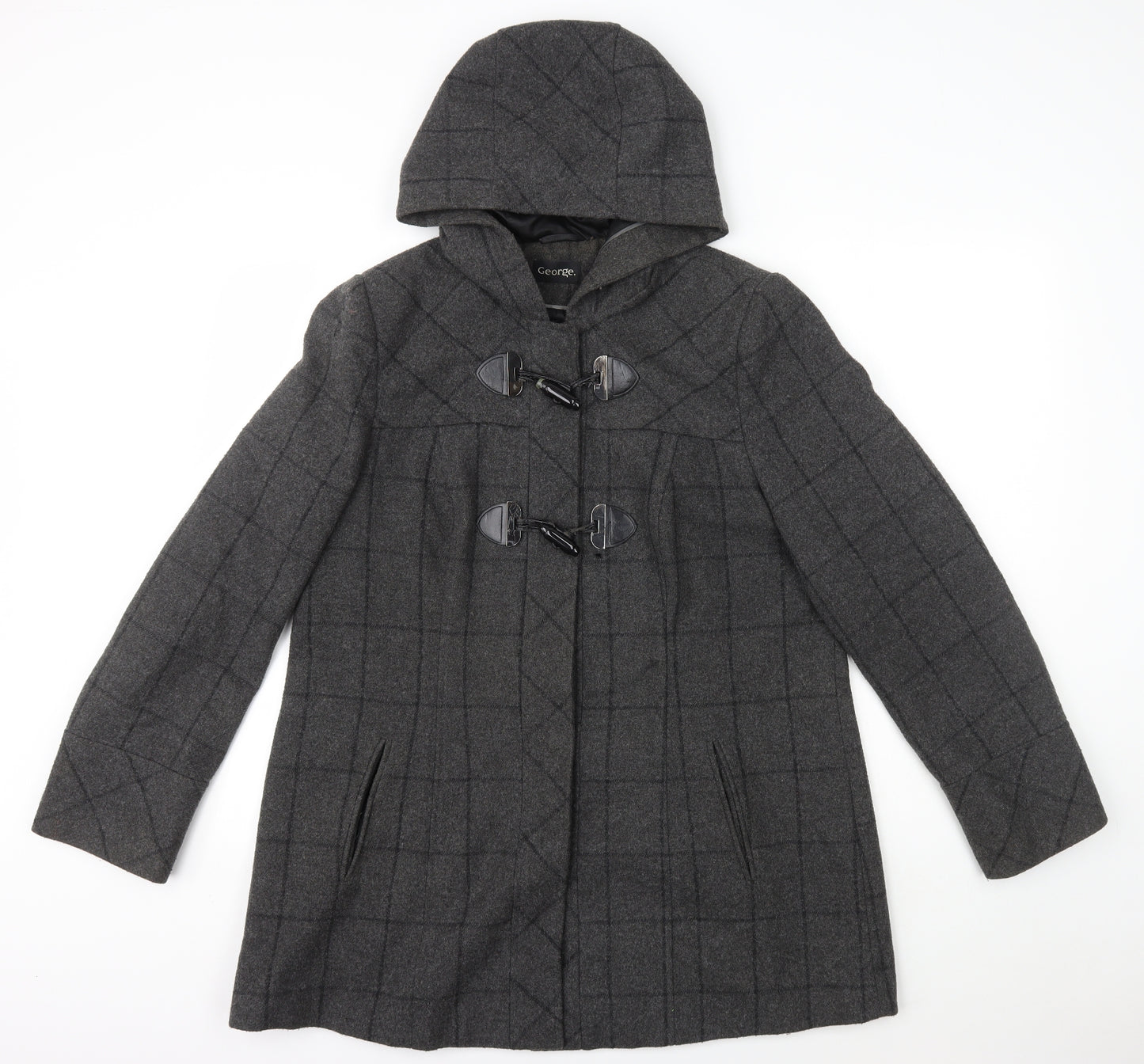 George Womens Grey Plaid Pea Coat Coat Size 16 Hook & Loop