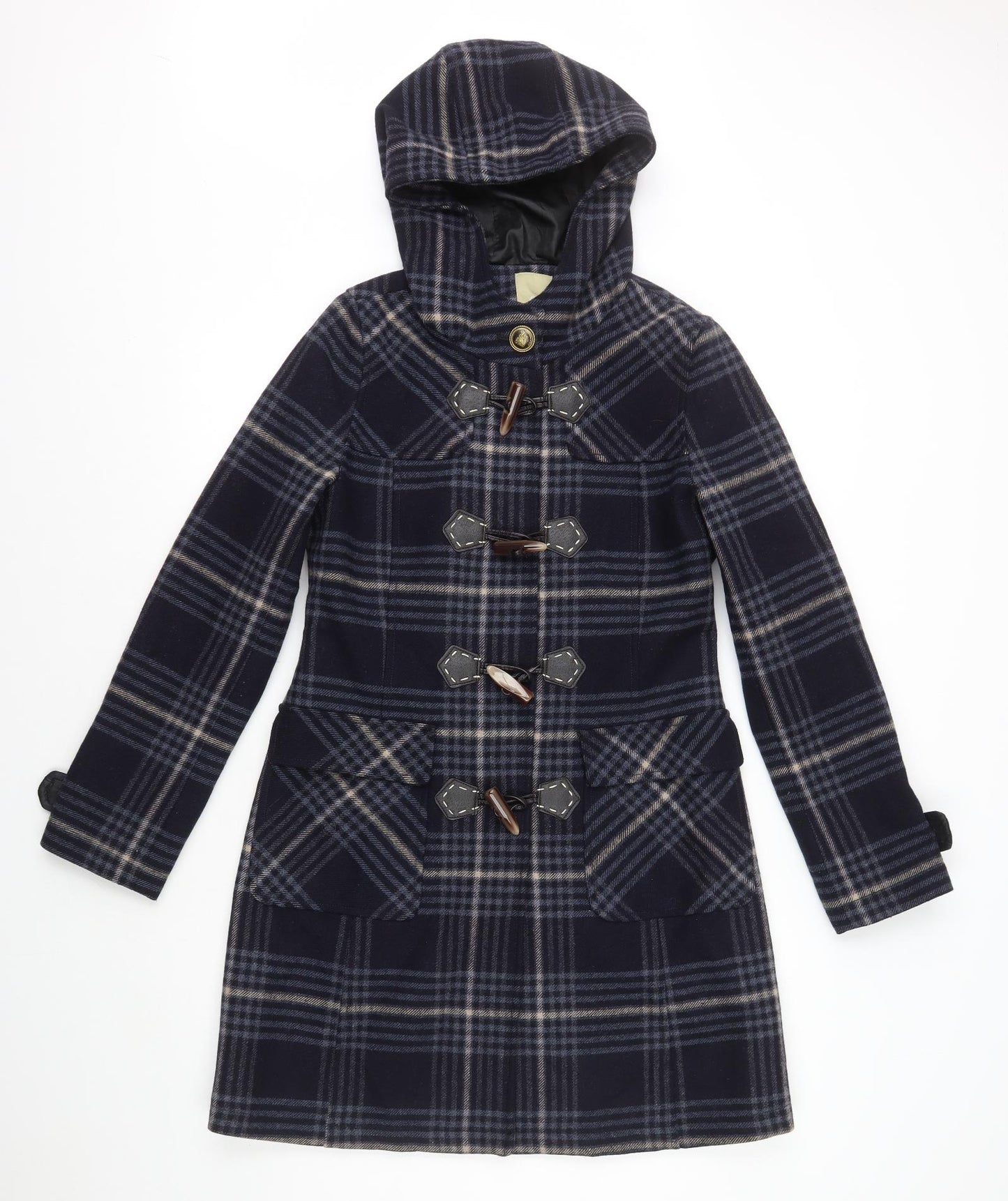 Etam Womens Blue Plaid Pea Coat Coat Size 12 Snap - Hook and Loop