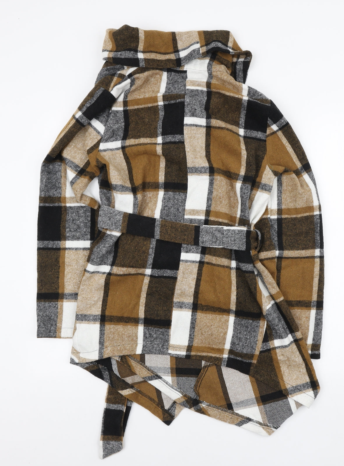 SheIn Womens Brown Plaid Jacket Coatigan Size S Tie