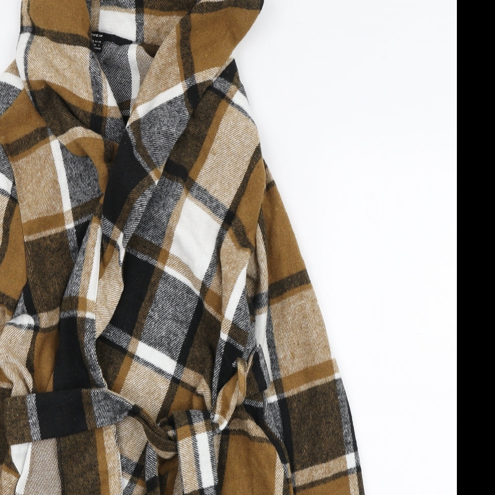 SheIn Womens Brown Plaid Jacket Coatigan Size S Tie