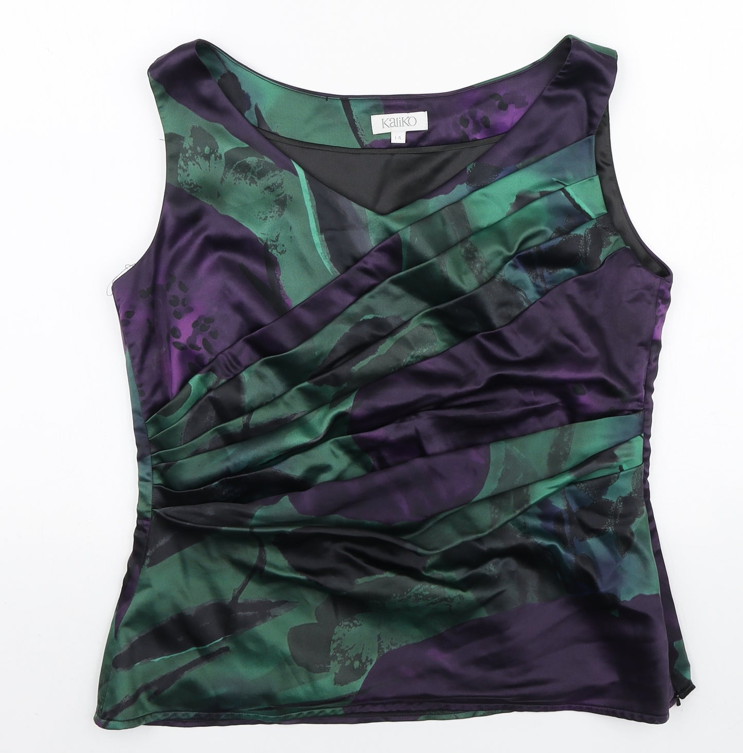 Kaliko Womens Green Floral Polyester Basic Blouse Size 14 V-Neck