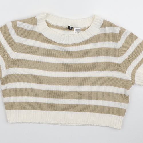 H&M Womens Beige Striped Acrylic Basic T-Shirt Size S Round Neck