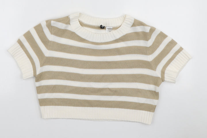 H&M Womens Beige Striped Acrylic Basic T-Shirt Size S Round Neck
