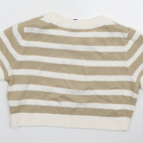 H&M Womens Beige Striped Acrylic Basic T-Shirt Size S Round Neck
