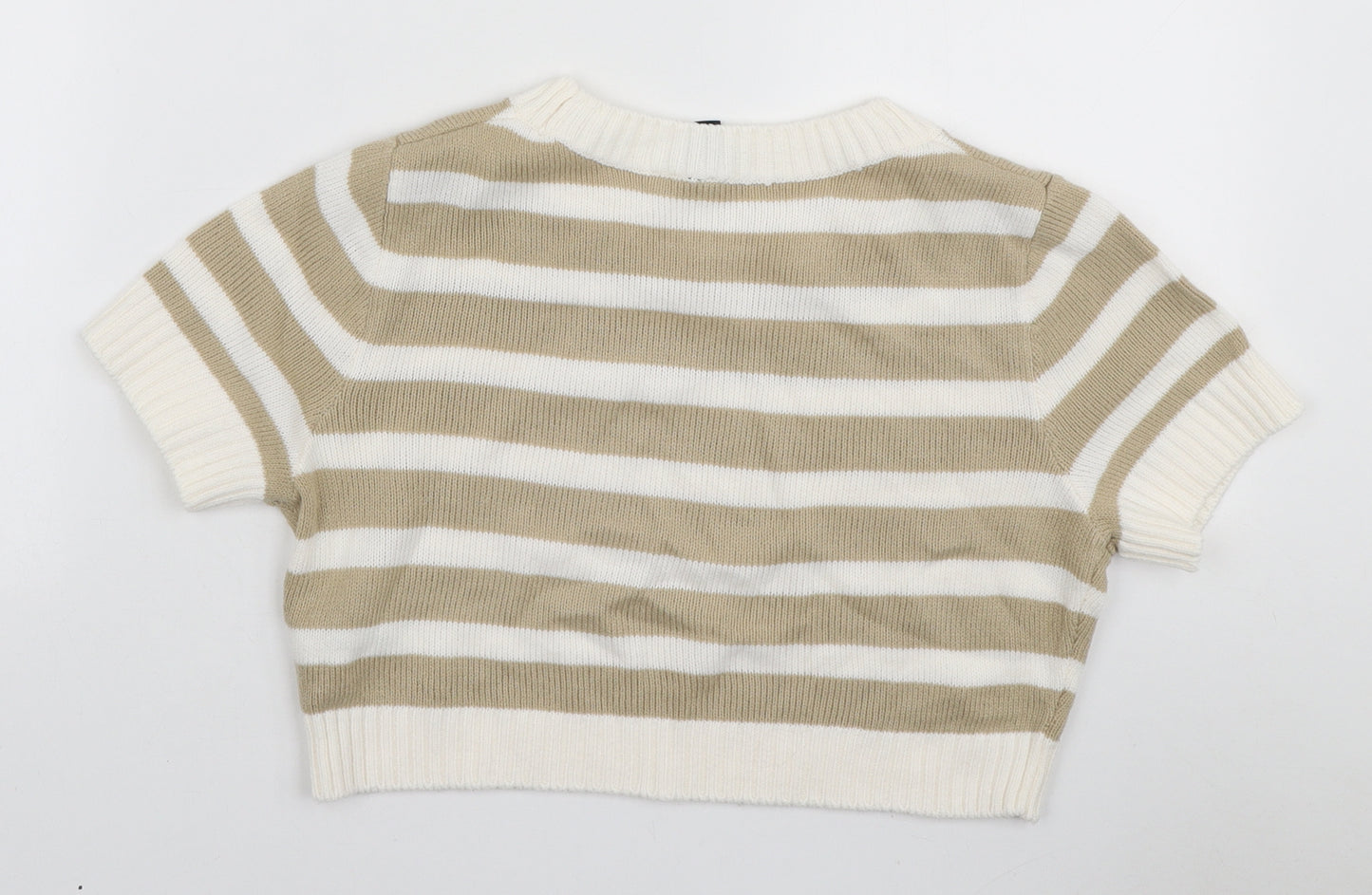 H&M Womens Beige Striped Acrylic Basic T-Shirt Size S Round Neck