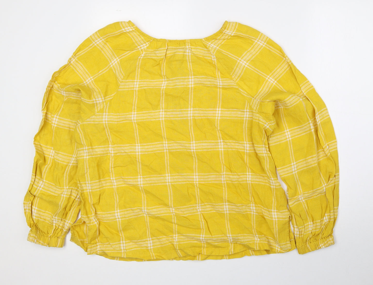 Marks and Spencer Womens Yellow Plaid Linen Basic Blouse Size 10 V-Neck