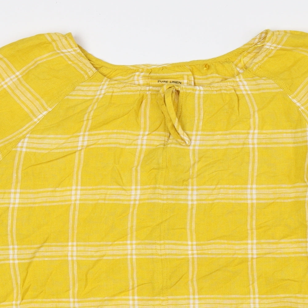 Marks and Spencer Womens Yellow Plaid Linen Basic Blouse Size 10 V-Neck