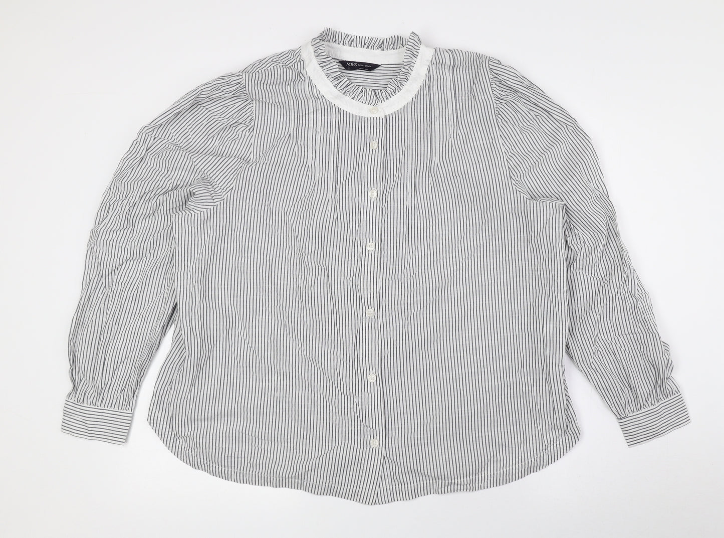 Marks and Spencer Womens Grey Striped 100% Cotton Basic Button-Up Size 16 Round Neck