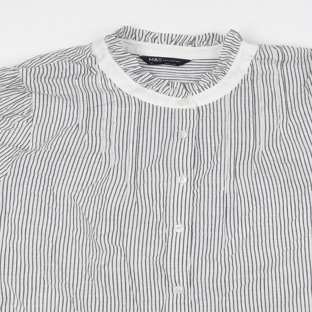 Marks and Spencer Womens Grey Striped 100% Cotton Basic Button-Up Size 16 Round Neck