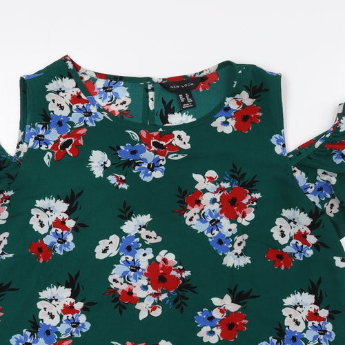 New Look Womens Green Floral Polyester Basic Blouse Size 16 Round Neck - Cold Shoulder