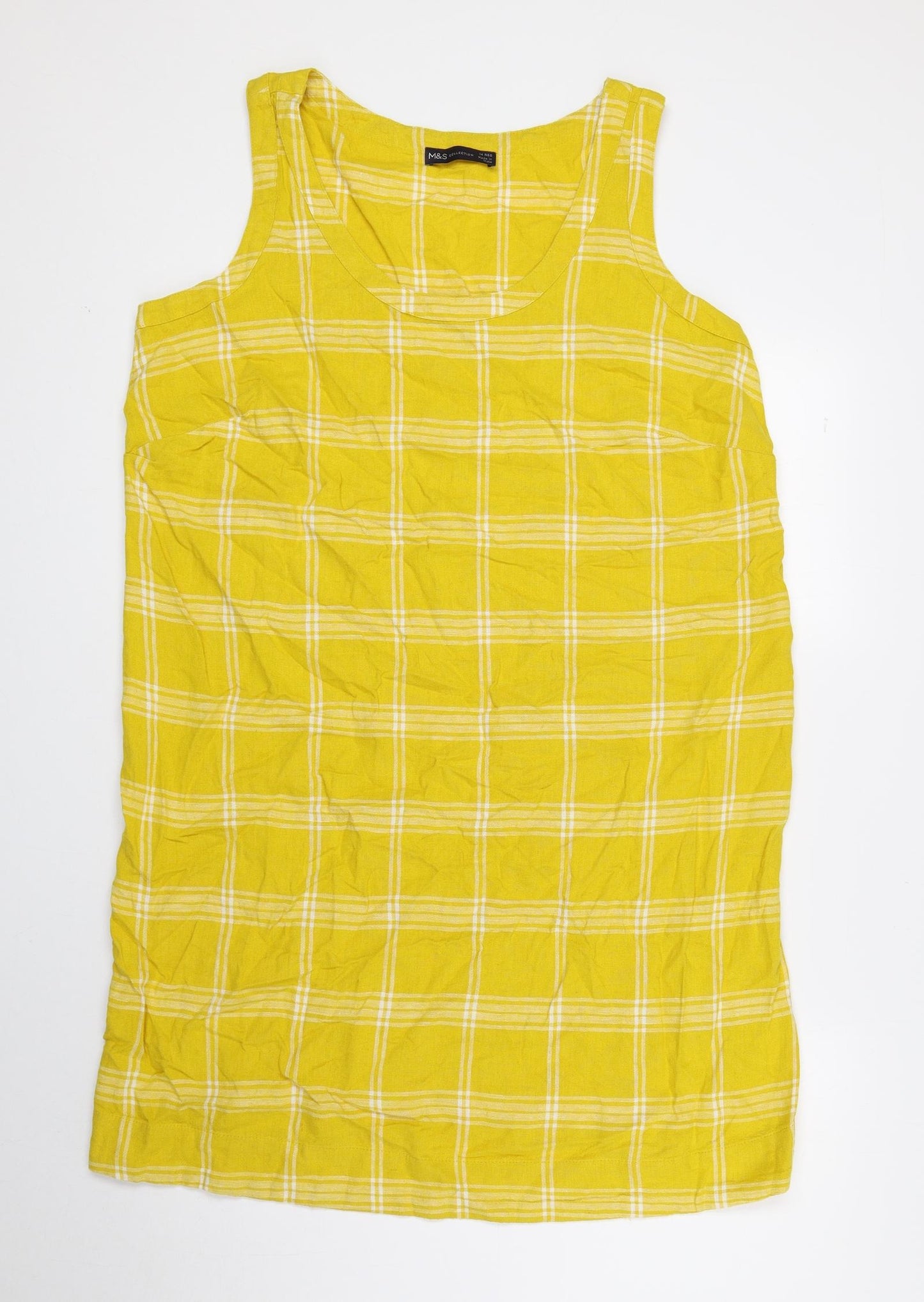 Marks and Spencer Womens Yellow Plaid Linen Shift Size 14 Scoop Neck Pullover