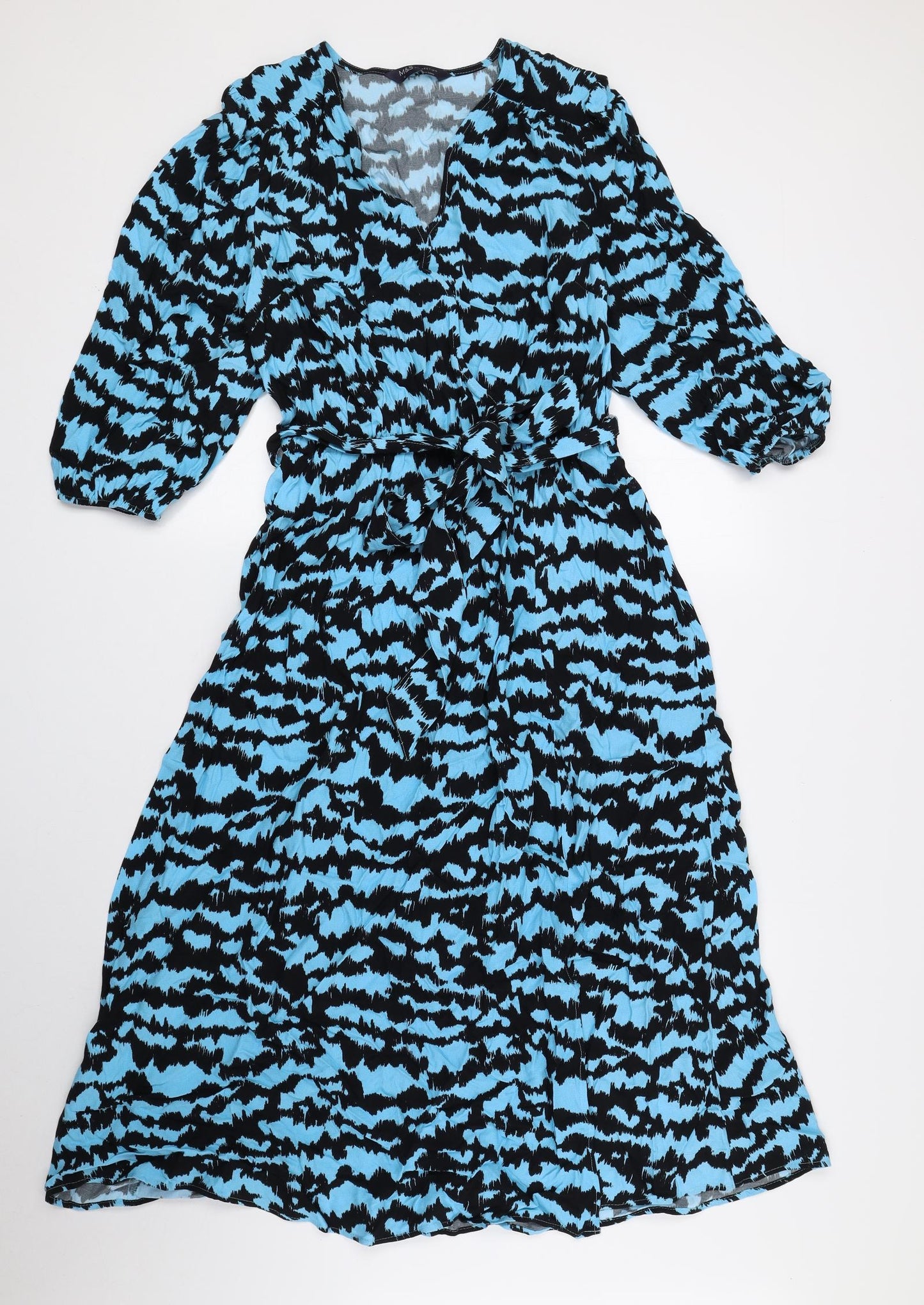 Marks and Spencer Womens Blue Geometric Viscose Fit & Flare Size 10 V-Neck Pullover