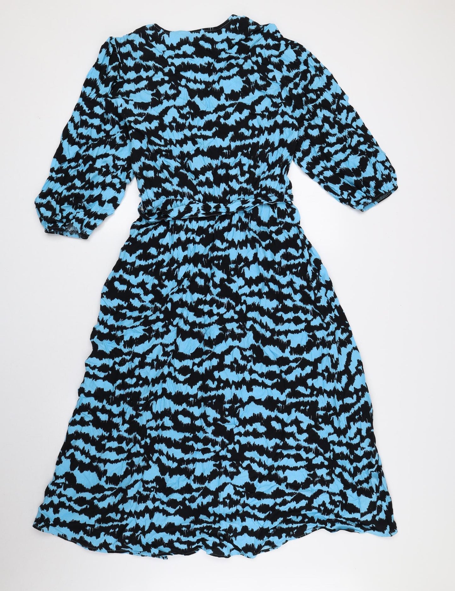 Marks and Spencer Womens Blue Geometric Viscose Fit & Flare Size 10 V-Neck Pullover