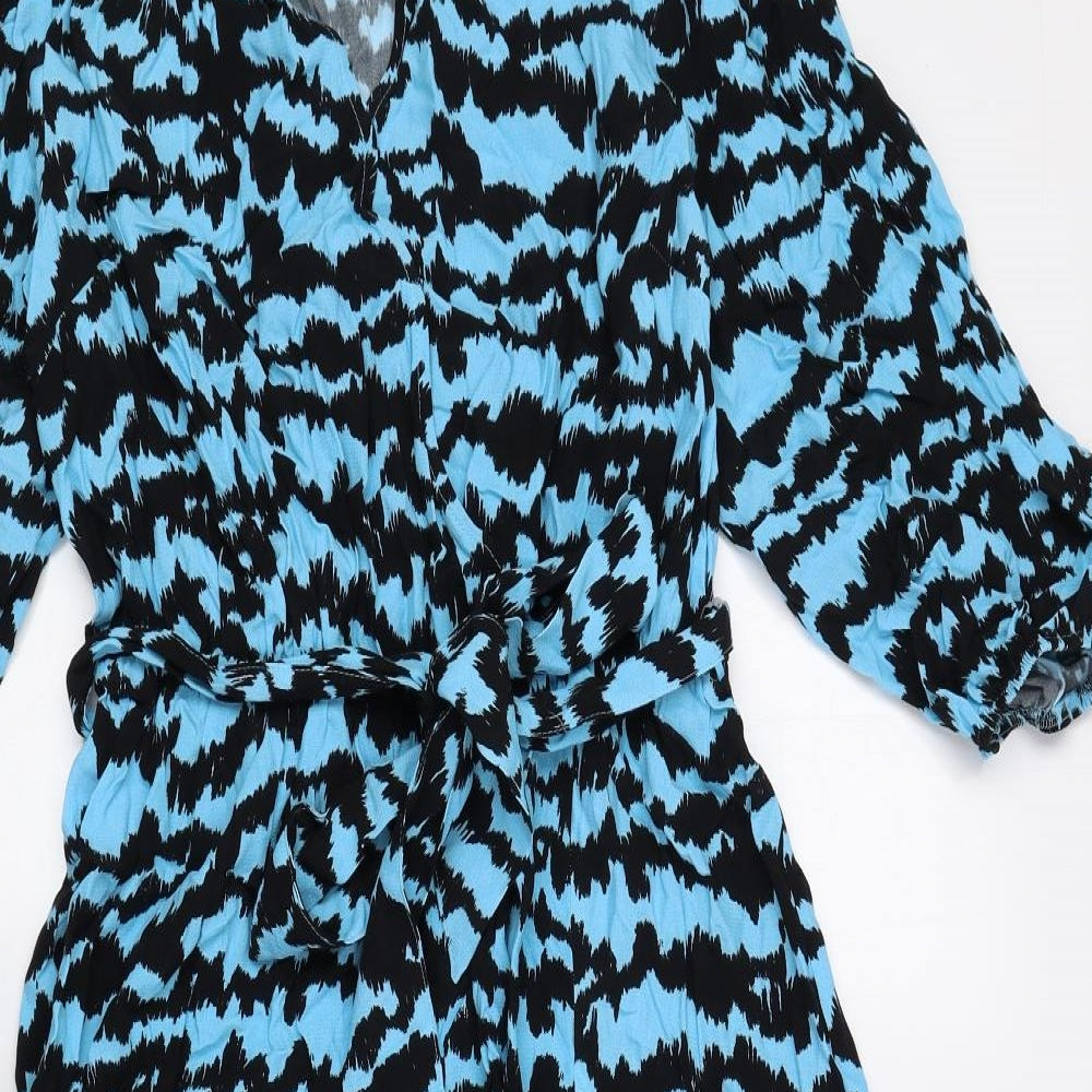 Marks and Spencer Womens Blue Geometric Viscose Fit & Flare Size 10 V-Neck Pullover