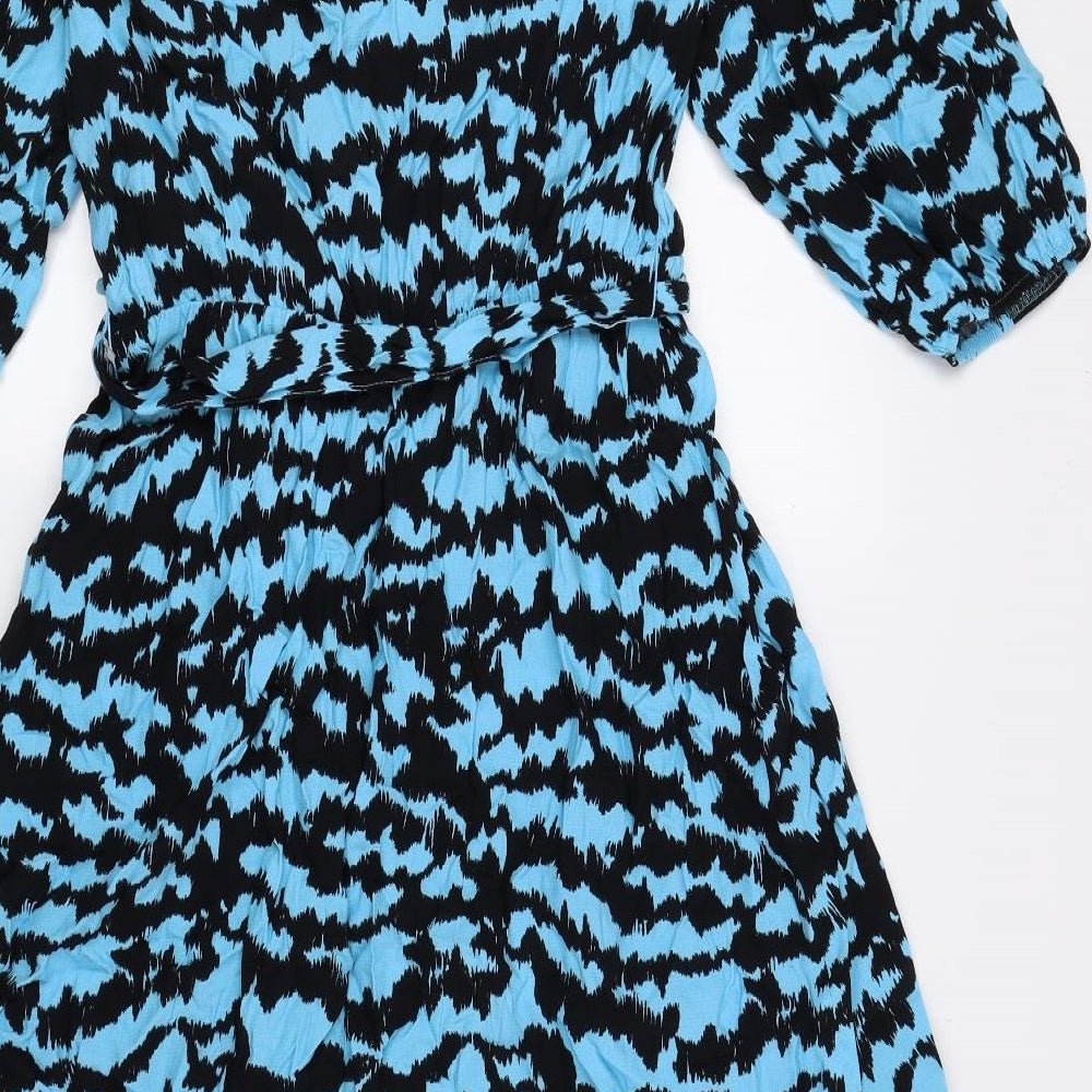 Marks and Spencer Womens Blue Geometric Viscose Fit & Flare Size 10 V-Neck Pullover