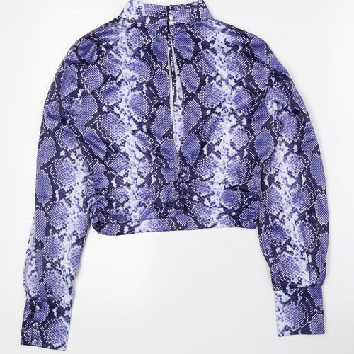 Topshop Womens Blue Animal Print Polyester Basic Blouse Size 6 Mock Neck - Snake Print