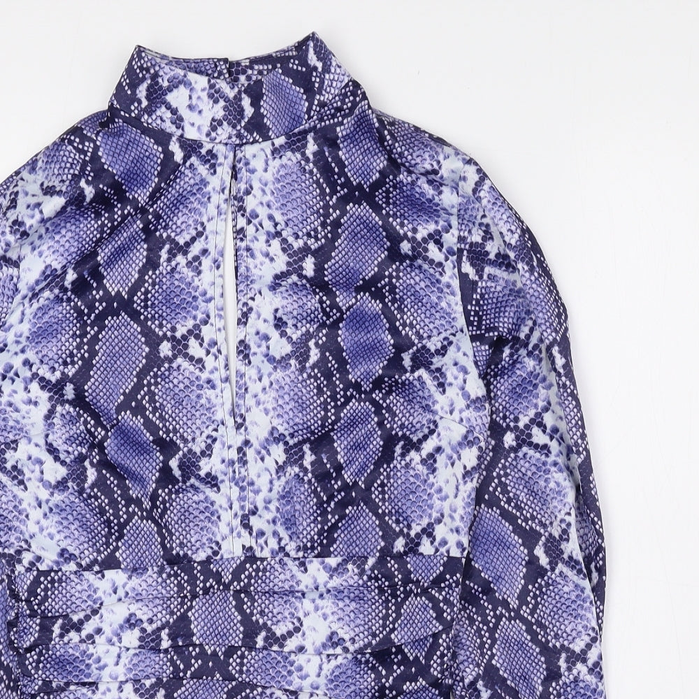 Topshop Womens Blue Animal Print Polyester Basic Blouse Size 6 Mock Neck - Snake Print