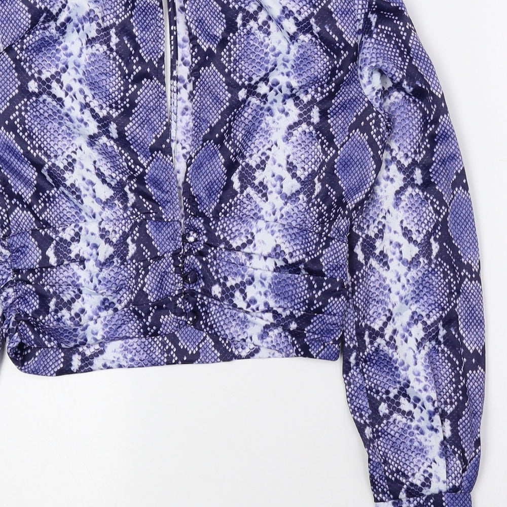 Topshop Womens Blue Animal Print Polyester Basic Blouse Size 6 Mock Neck - Snake Print